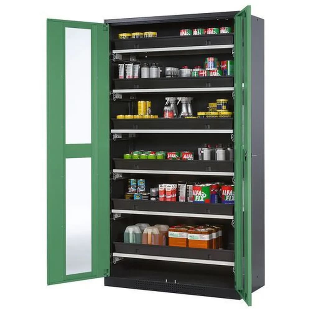 asecos® - asecos Chemikalienschrank Systema-T CS-106G, Korpus anthrazit, Flügeltüren grün, 6 Tablarauszüge