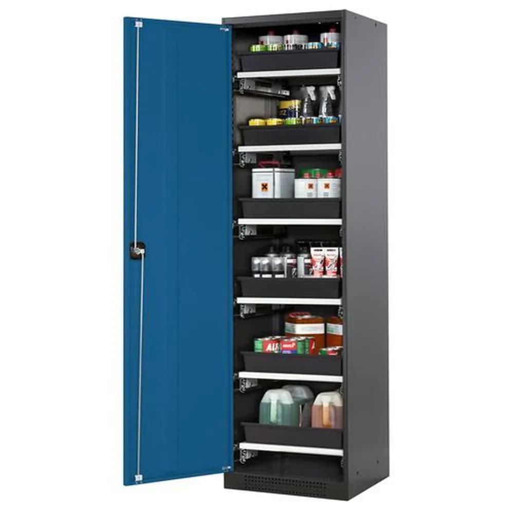 asecos® - asecos Chemikalienschrank Systema-T CS-56L, Korpus anthrazit, Flügeltüren blau, 6 Tablarauszüge