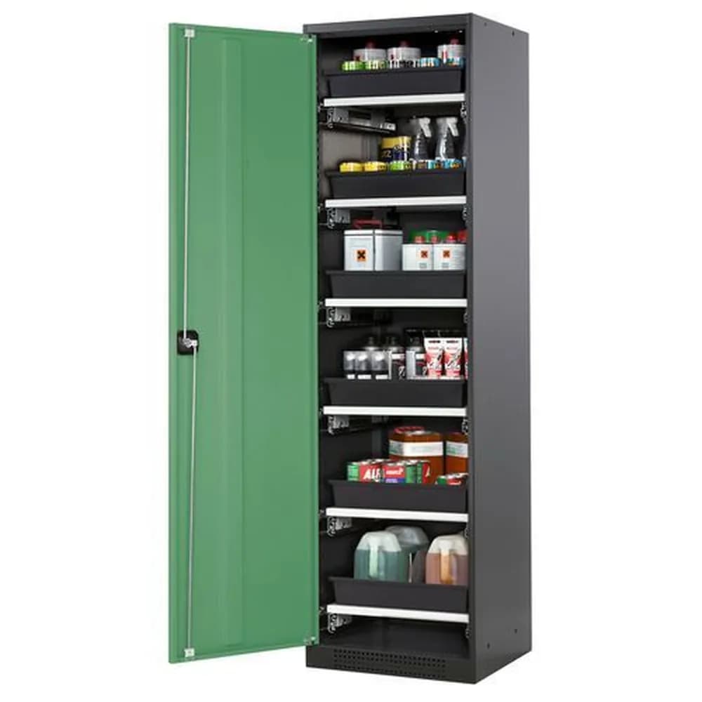 asecos® - asecos Chemikalienschrank Systema-T CS-56L, Korpus anthrazit, Flügeltüren grün, 6 Tablarauszüge