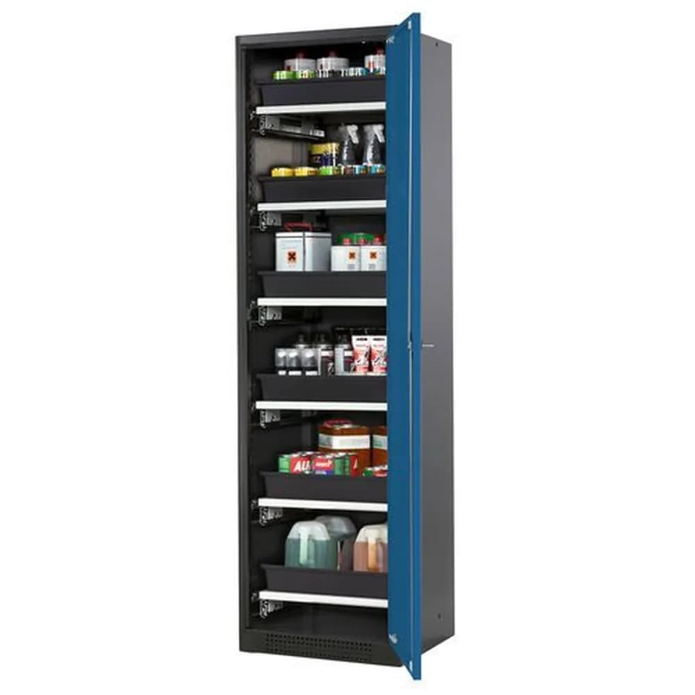 asecos® - asecos Chemikalienschrank Systema-T CS-56R, Korpus anthrazit, Flügeltüren blau, 6 Tablarauszüge