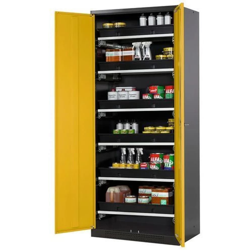 asecos® - asecos Chemikalienschrank Systema-T CS-86, Korpus anthrazit, Flügeltüren gelb, 6 Tablarauszüge