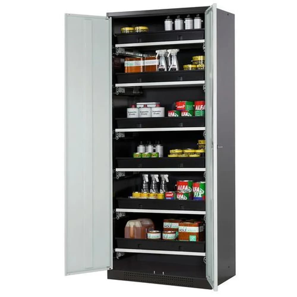 asecos® - asecos Chemikalienschrank Systema-T CS-86, Korpus anthrazit, Flügeltüren grau, 6 Tablarauszüge
