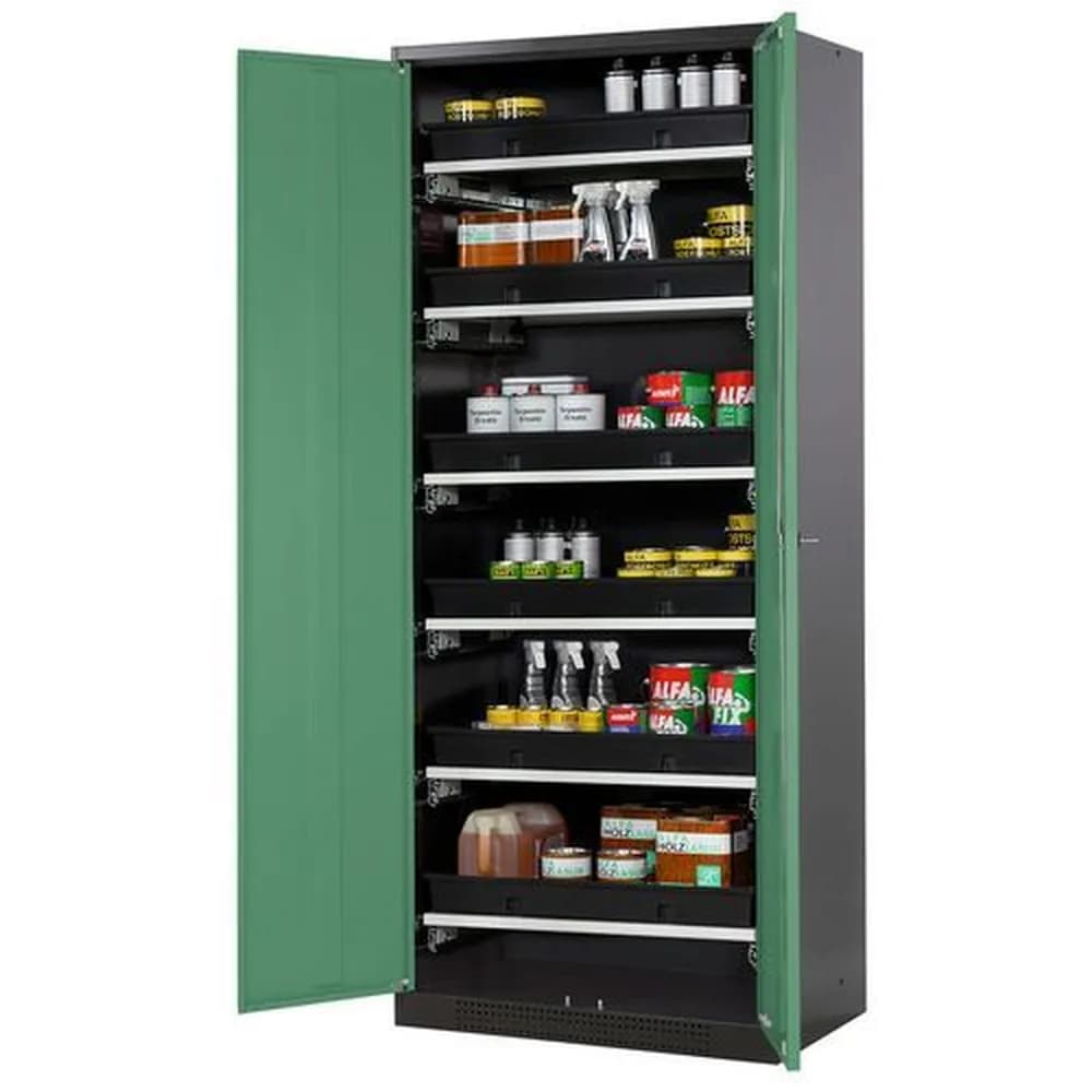asecos® - asecos Chemikalienschrank Systema-T CS-86, Korpus anthrazit, Flügeltüren grün, 6 Tablarauszüge