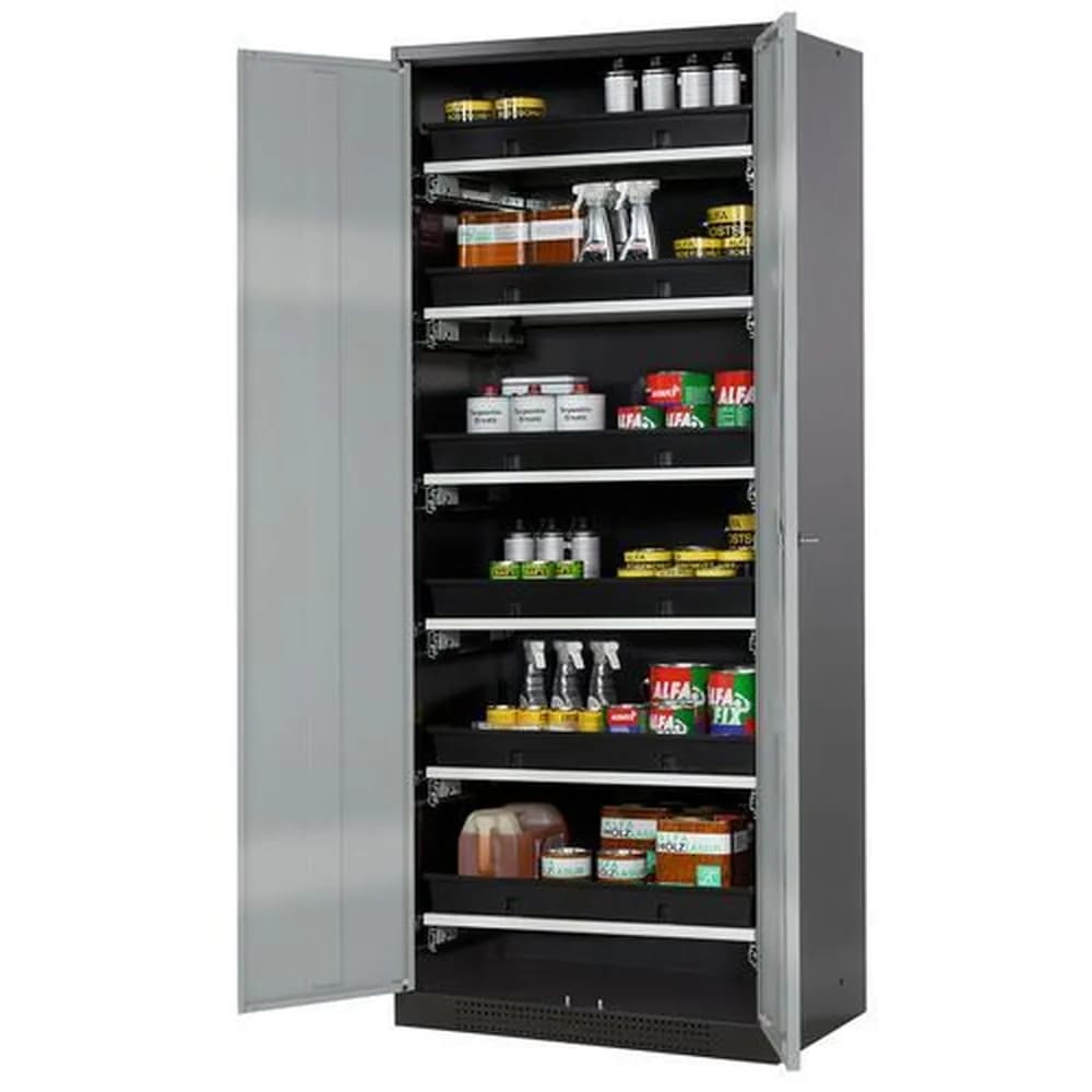 asecos® - asecos Chemikalienschrank Systema-T CS-86, Korpus anthrazit, Flügeltüren silber, 6 Tablarauszüge
