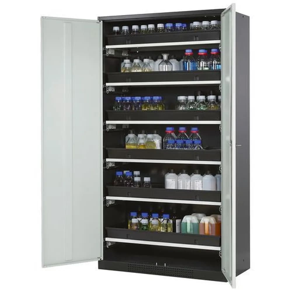 asecos® - asecos Chemikalienschrank Systema-T CS-106, Korpus anthrazit, Flügeltüren grau, 6 Tablarauszüge