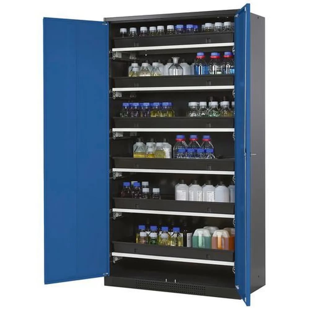 asecos® - asecos Chemikalienschrank Systema-T CS-106, Korpus anthrazit, Flügeltüren blau, 6 Tablarauszüge