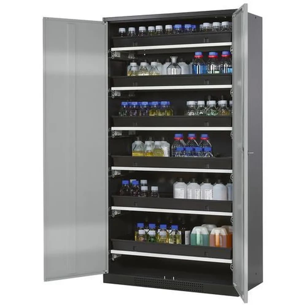 asecos® - asecos Chemikalienschrank Systema-T CS-106, Korpus anthrazit, Flügeltüren silber, 6 Tablarauszüge