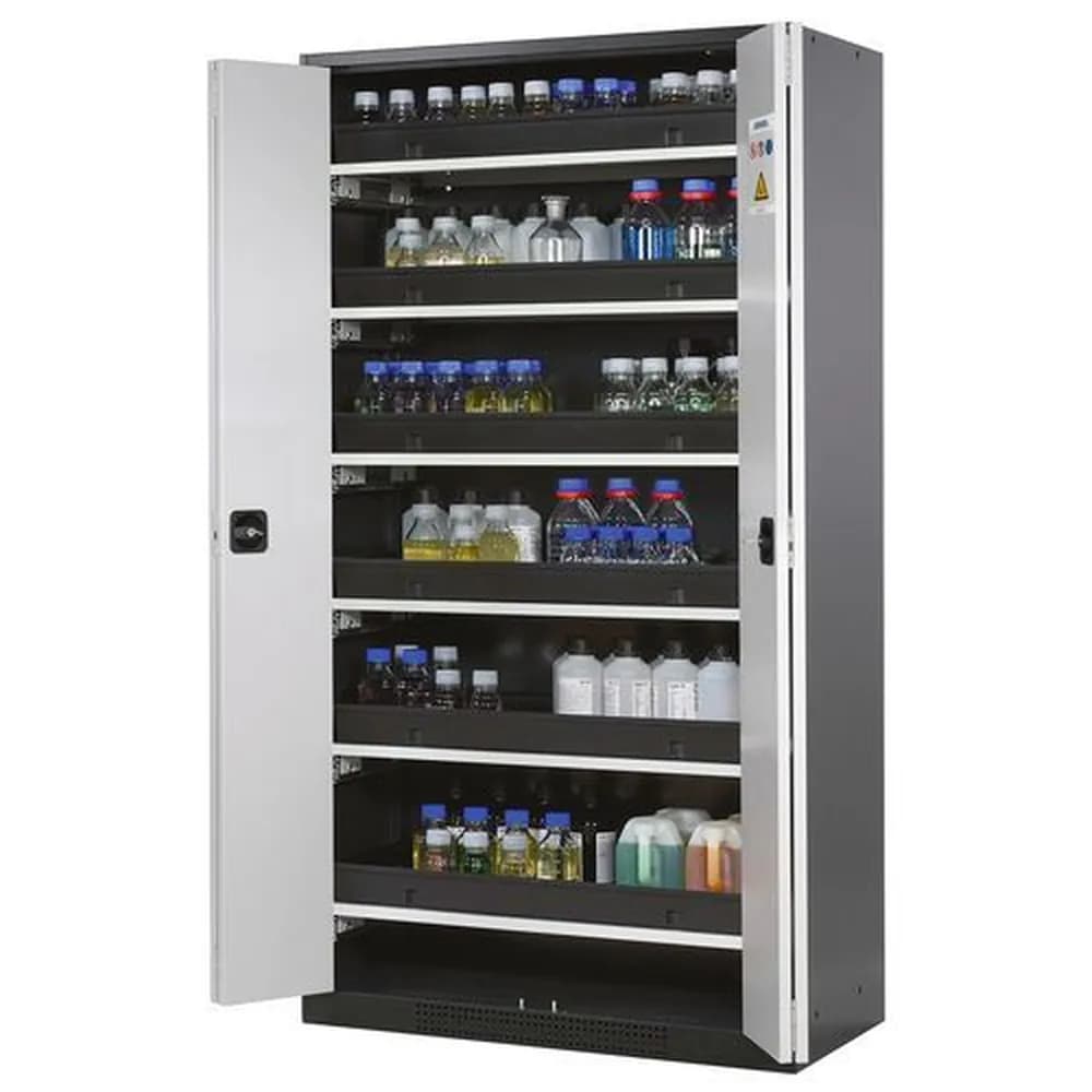 asecos® - asecos Chemikalienschrank Systema-T CS-106F, Korpus anthrazit, Falttüren grau, 6 Tablarauszüge