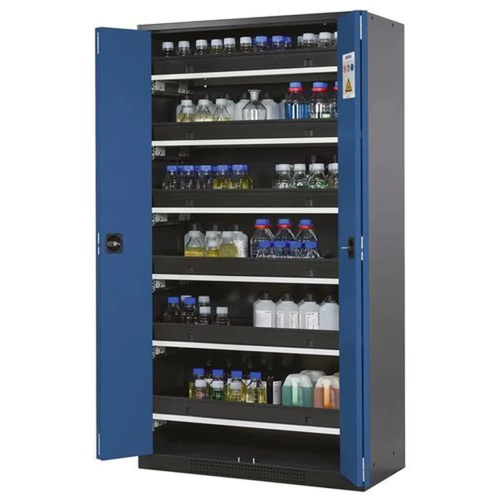 asecos® - asecos Chemikalienschrank Systema-T CS-106F, Korpus anthrazit, Falttüren blau, 6 Tablarauszüge