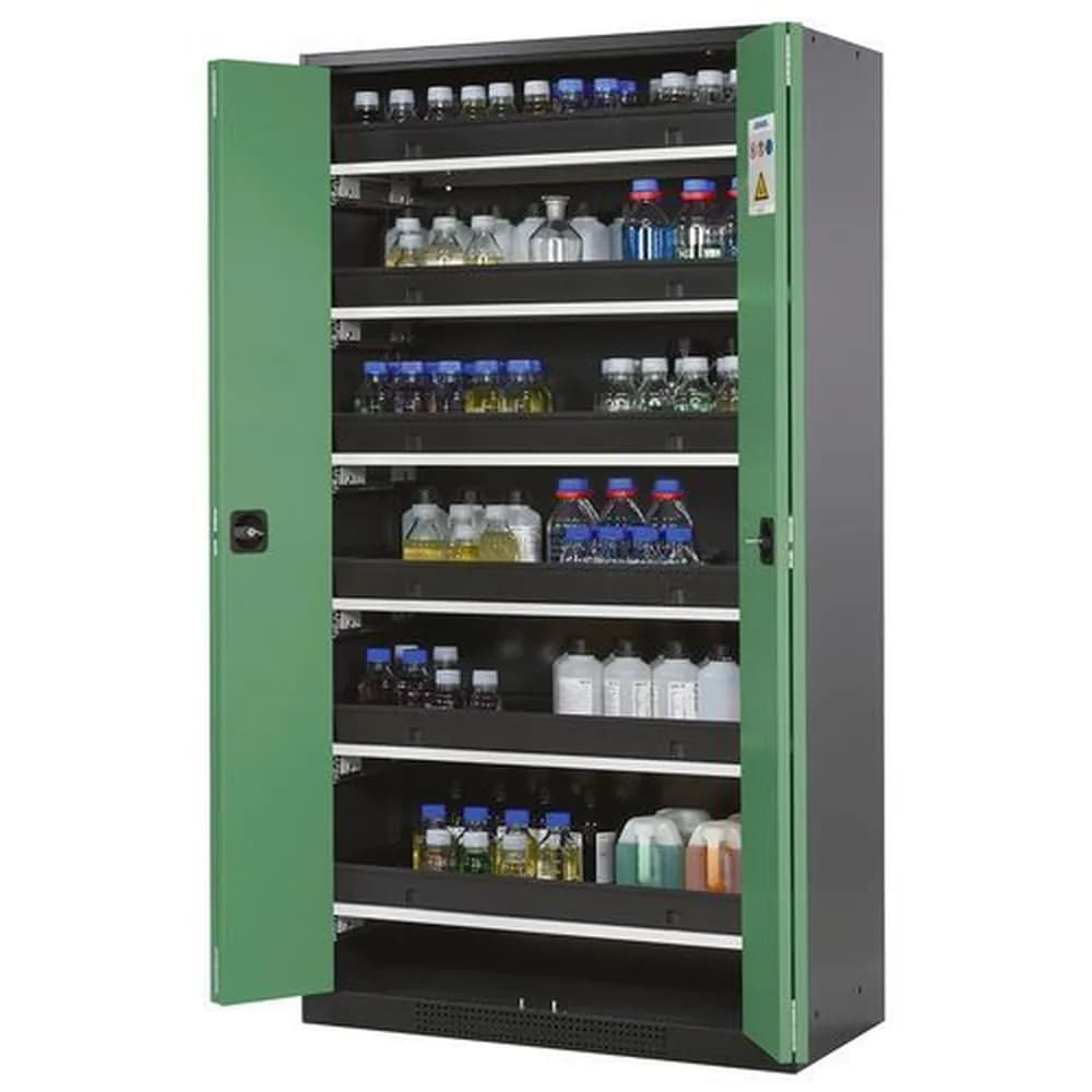 asecos® - asecos Chemikalienschrank Systema-T CS-106F, Korpus anthrazit, Falttüren grün, 6 Tablarauszüge