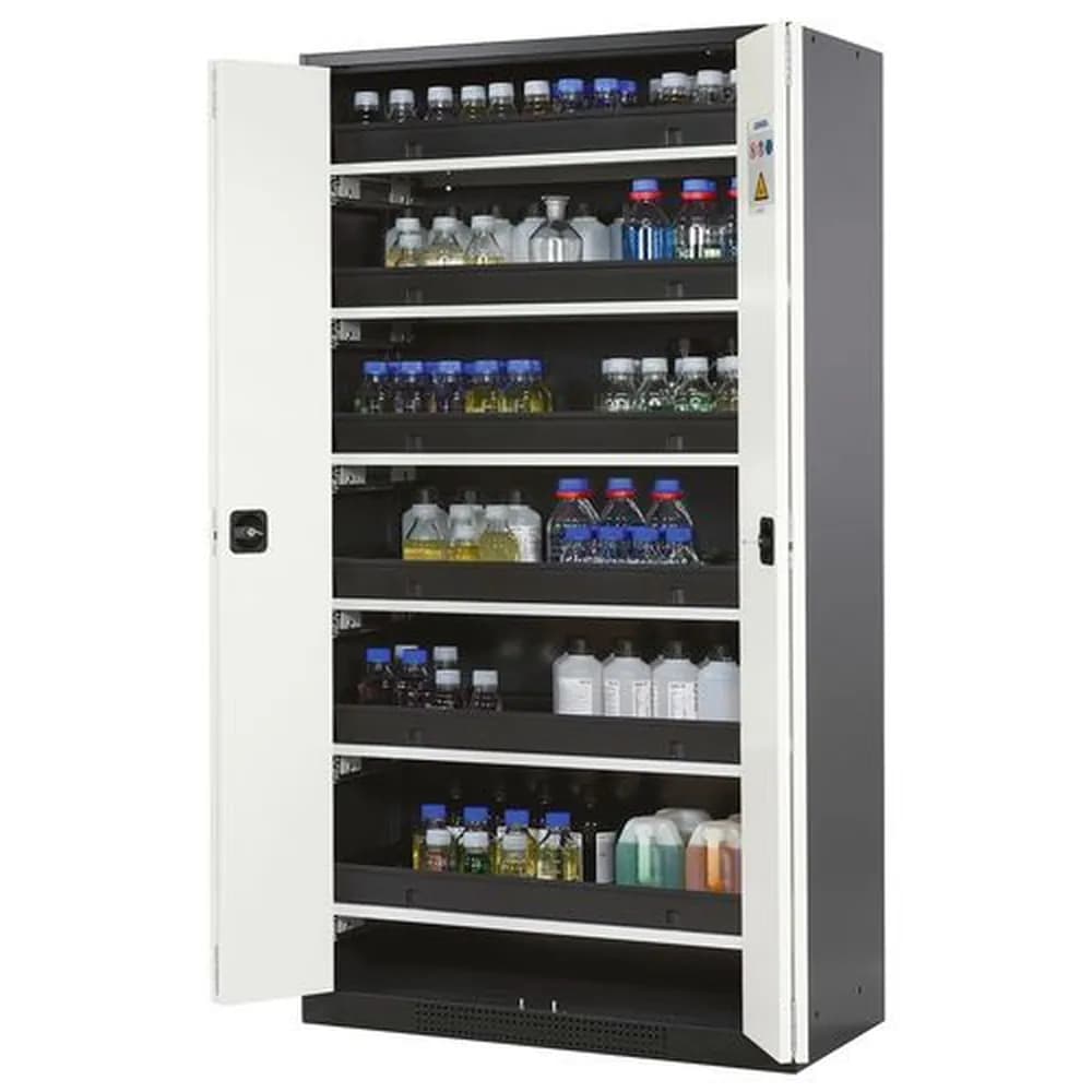 asecos® - asecos Chemikalienschrank Systema-T CS-106F, Korpus anthrazit, Falttüren weiß, 6 Tablarauszüge