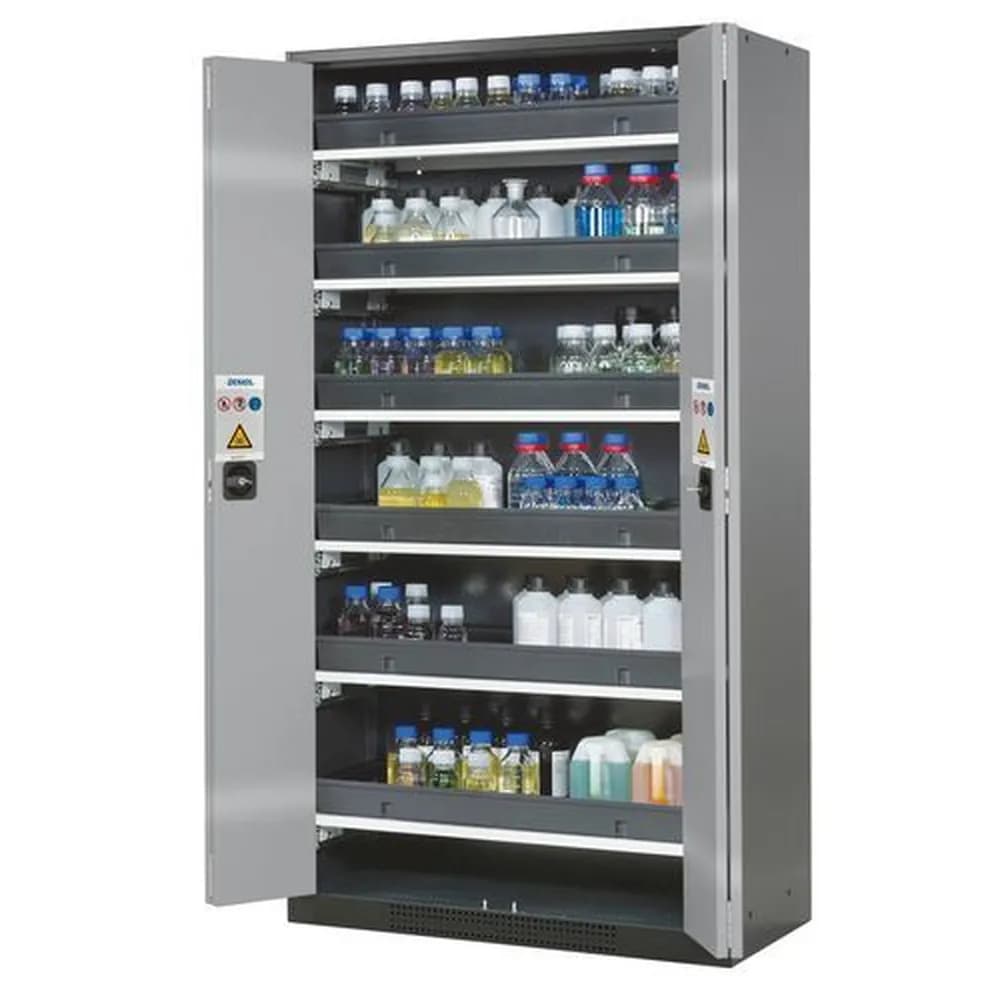asecos® - asecos Chemikalienschrank Systema-T CS-106F, Korpus anthrazit, Falttüren silber, 6 Tablarauszüge