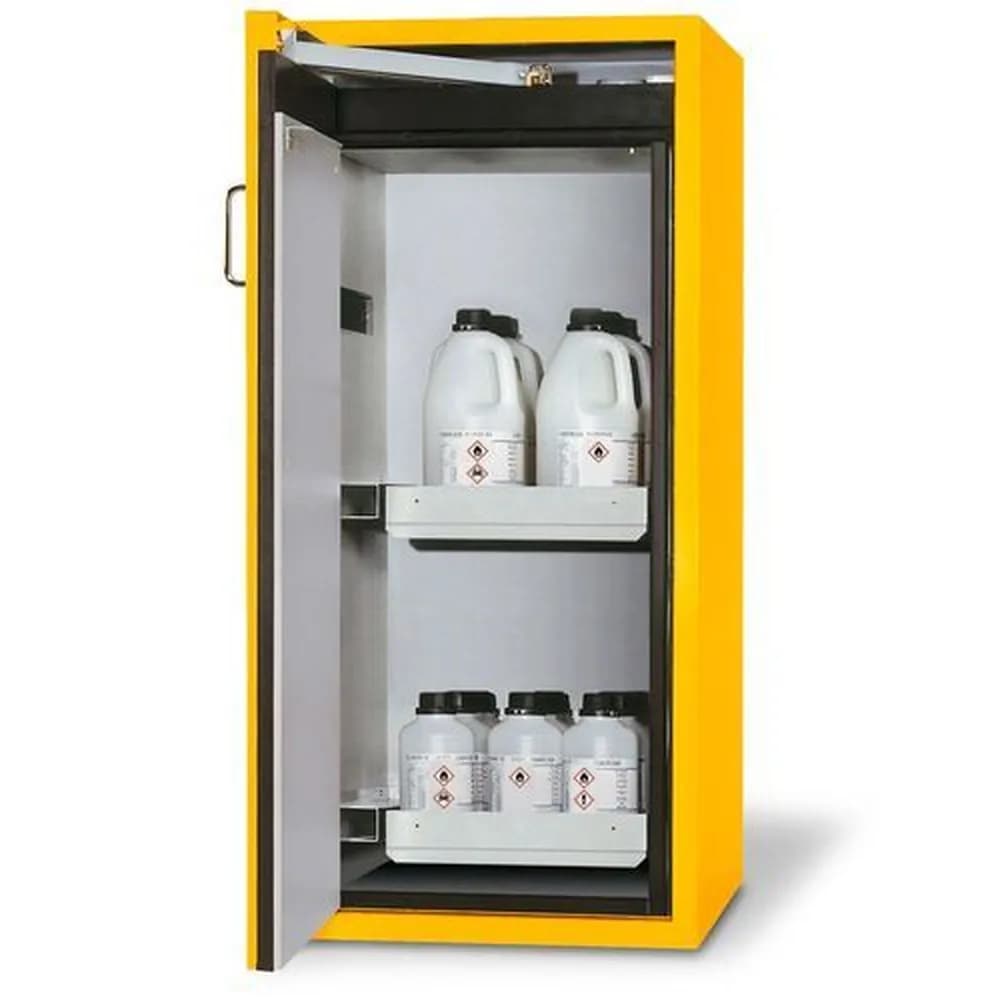 asecos® - asecos Feuerbeständiger Gefahrstoffschrank Edition, 2 Auszugswannen, gelb, One-Touch, links