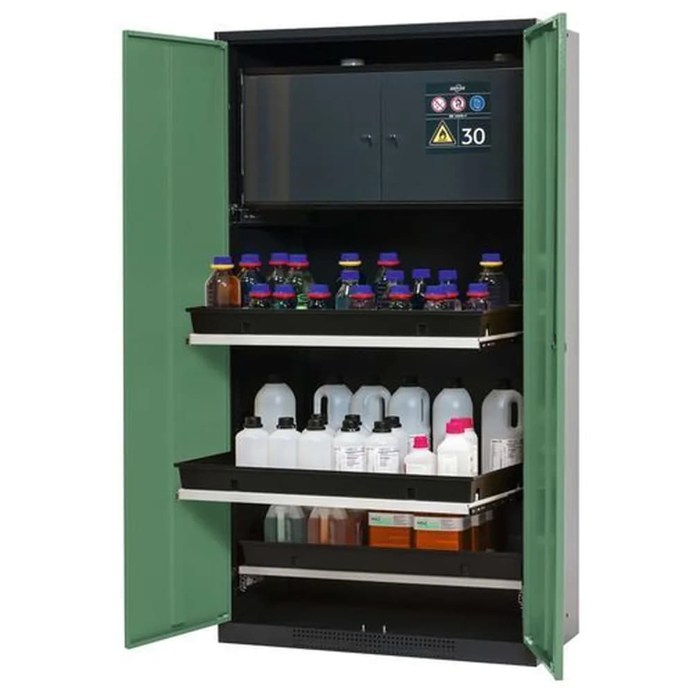 asecos® - asecos Chemikalienschrank Systema-Plus-T, anthrazit, grün, mit Sicherheitsbox, Tablarauszüge