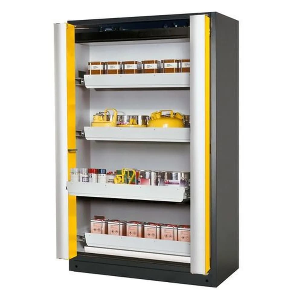 asecos® - asecos Feuerbeständiger Gefahrstoffschrank Select W-124F, 4 Auszugswannen, Falttüren gelb