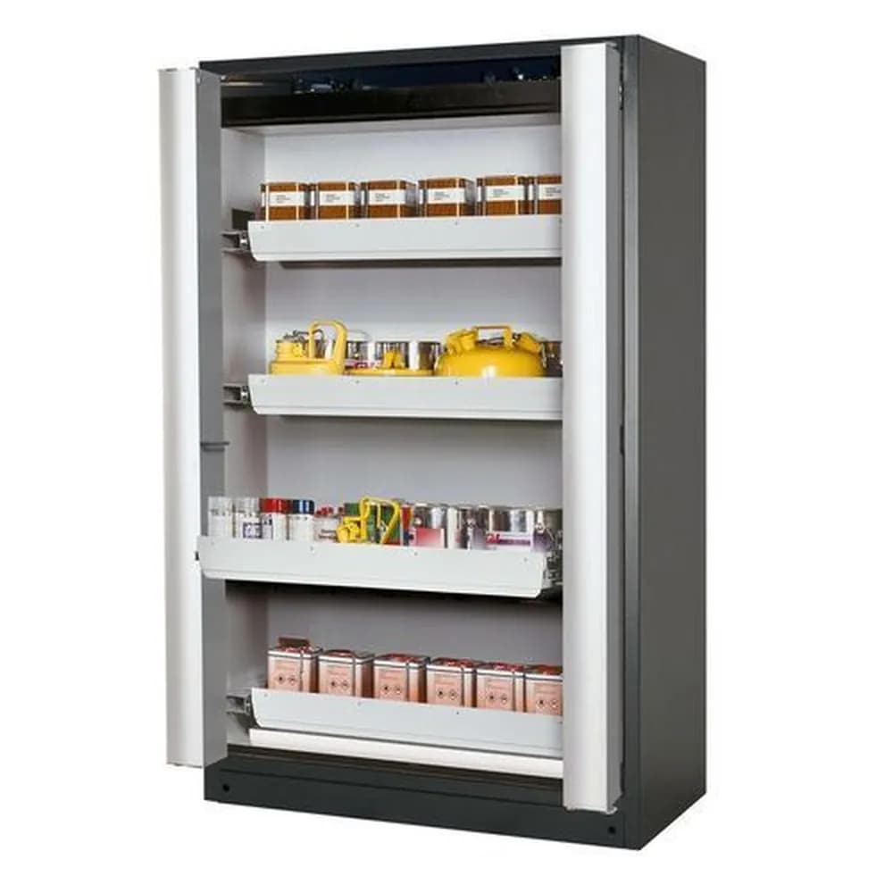 asecos® - asecos Feuerbeständiger Gefahrstoffschrank Select W-124F, 4 Auszugswannen, Falttüren grau