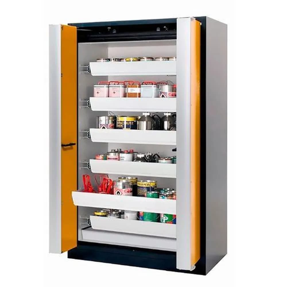 asecos® - asecos Feuerbeständiger Gefahrstoffschrank Select W-126F, 6 Auszugswannen, Falttüren gelb