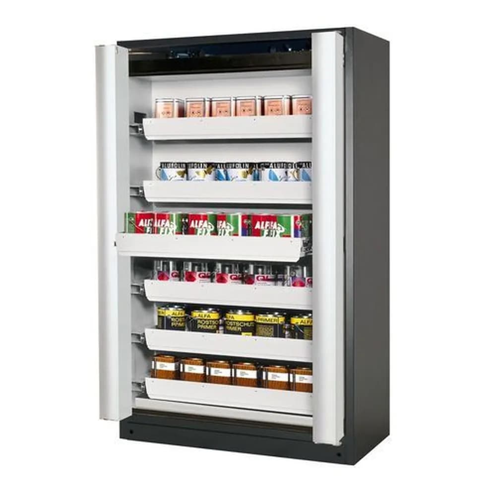 asecos® - asecos Feuerbeständiger Gefahrstoffschrank Select W-126F, 6 Auszugswannen, Falttüren grau