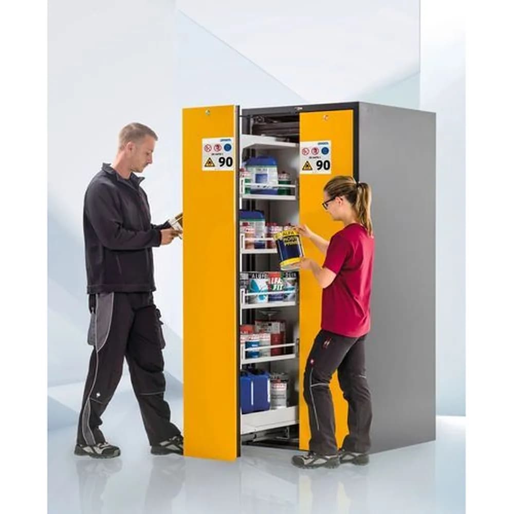 asecos® - asecos Wide-Scoper, Feuerbeständiger Gefahrstoffschrank 81-9, 2 Vertikalauszüge, 9 Fachböden, gelb