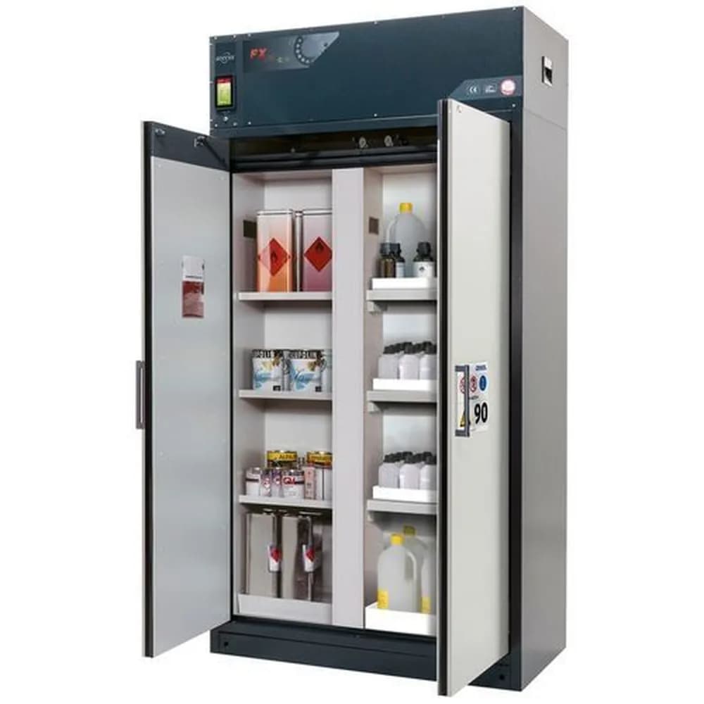 asecos® - asecos Feuerbeständiger Umluft-Gefahrstoffschrank Custos, grau, 3 Einlegeböden, mit Trennwand