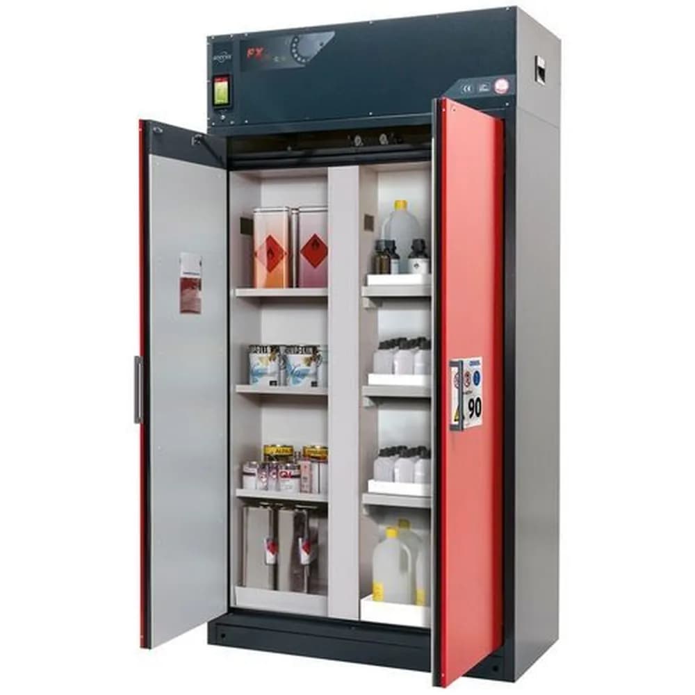 asecos® - asecos Feuerbeständiger Umluft-Gefahrstoffschrank Custos, rot, 3 Einlegeböden, mit Trennwand