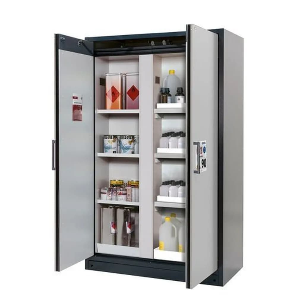 asecos® - asecos Feuerbeständiger Gefahrstoffschrank Select, mit Mittelwand, Einlege- und Wannenböden, grau