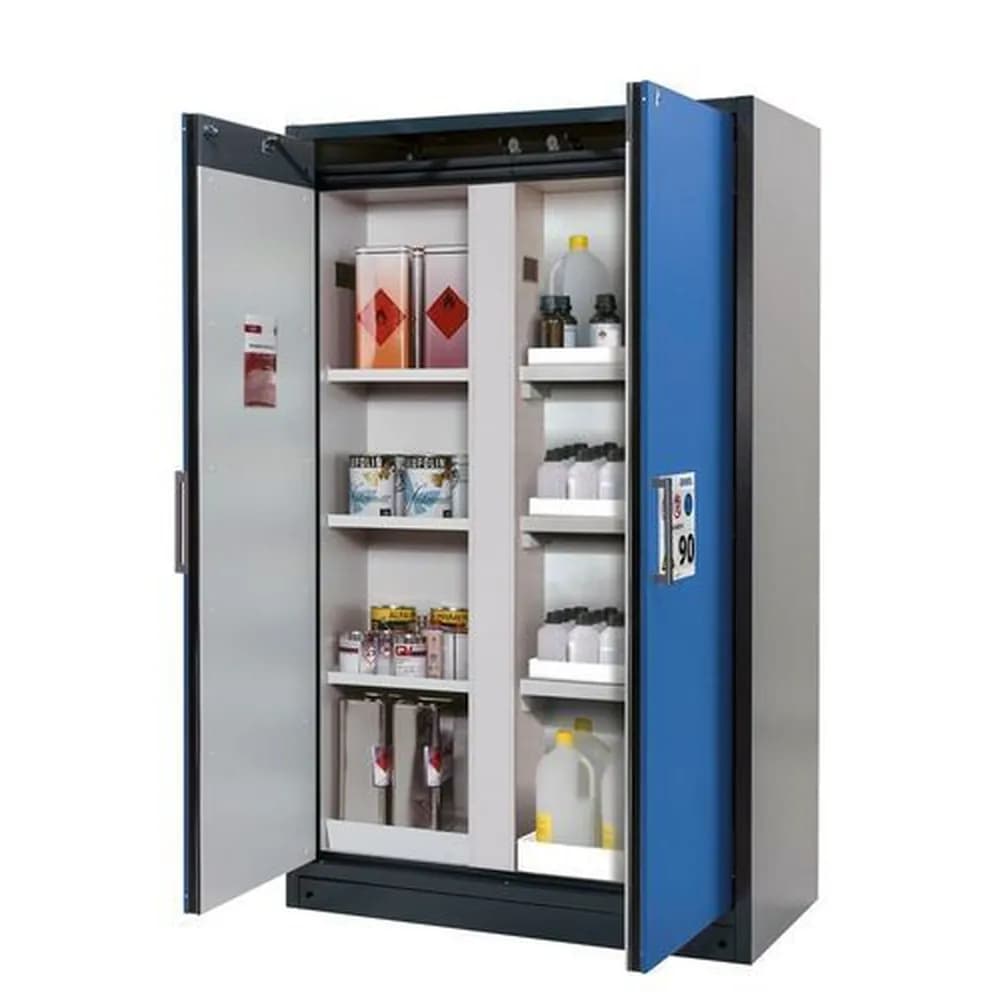 asecos® - asecos Feuerbeständiger Gefahrstoffschrank Select, mit Mittelwand, Einlege- und Wannenböden, blau