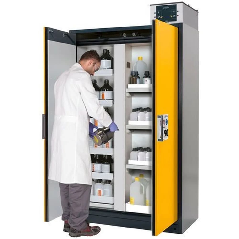 asecos® - asecos Feuerbeständiger Gefahrstoffschrank Select, Mittelwand, Auszugswannen und Wannenböden, gelb