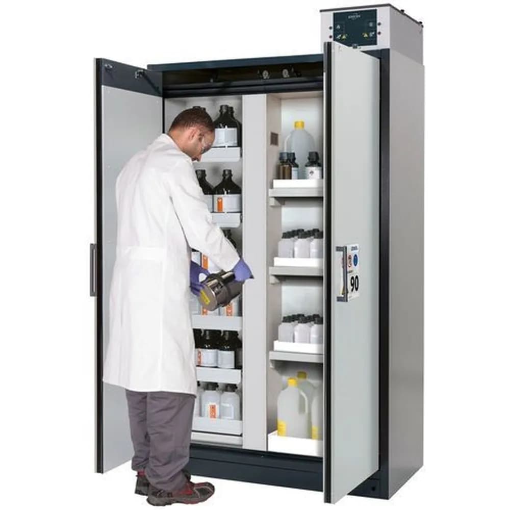 asecos® - asecos Feuerbeständiger Gefahrstoffschrank Select, Mittelwand, Auszugswannen und Wannenböden, grau