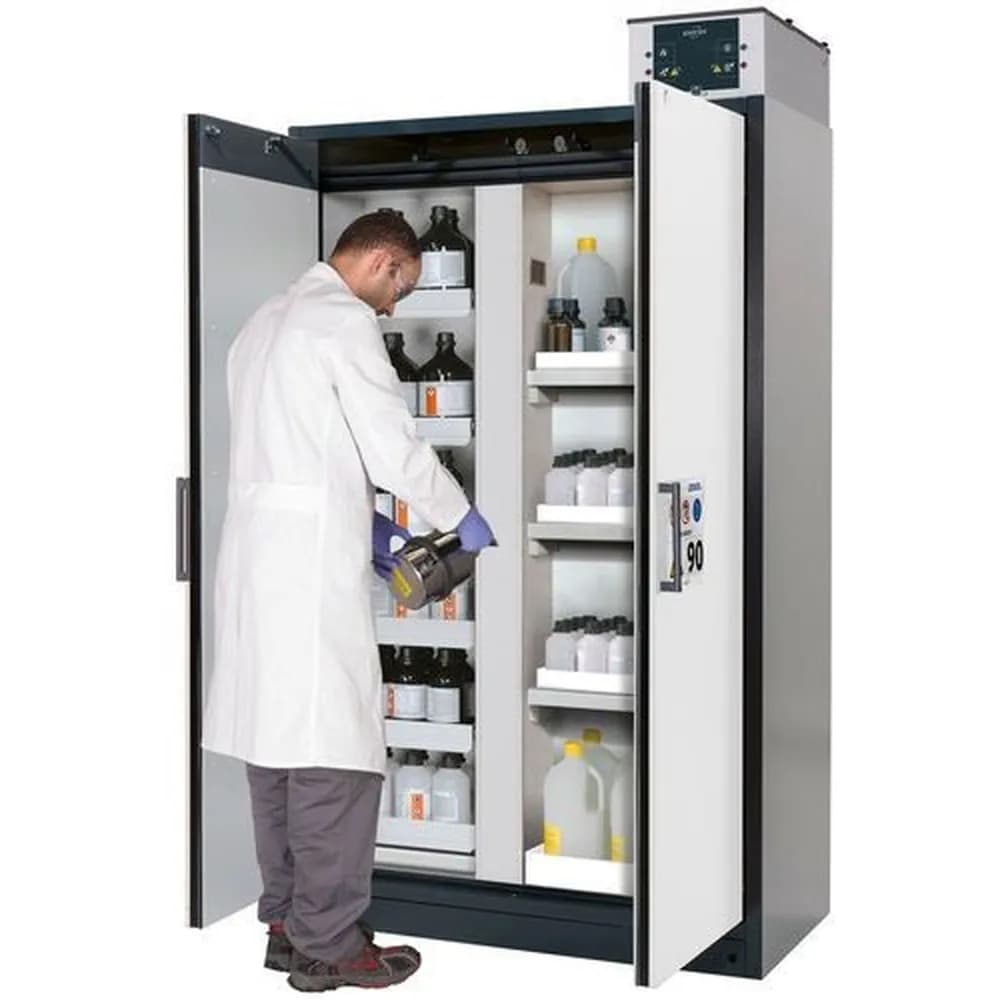 asecos® - asecos Feuerbeständiger Gefahrstoffschrank Select, Mittelwand, Auszugswannen und Wannenböden, weiß