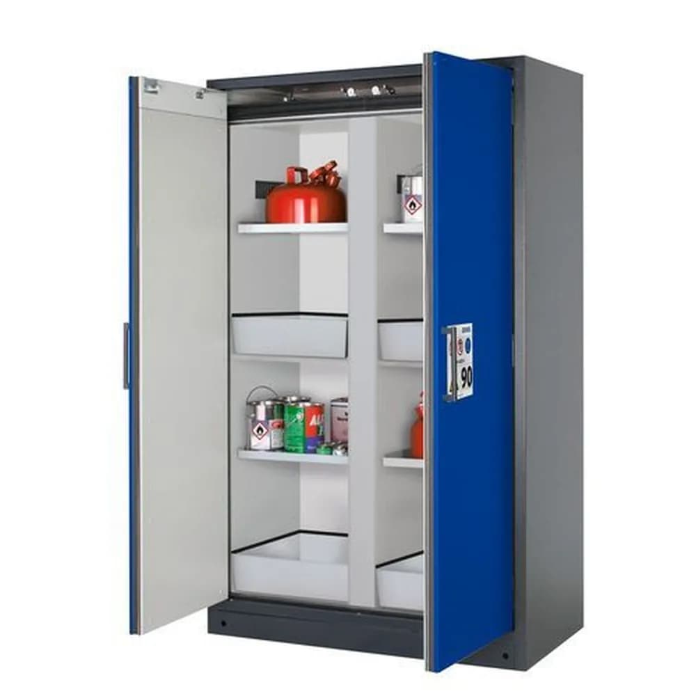 asecos® - asecos Feuerbeständiger Gefahrstoffschrank Select, Mittelwand, mit Einlegeböden, Bodenwannen, blau