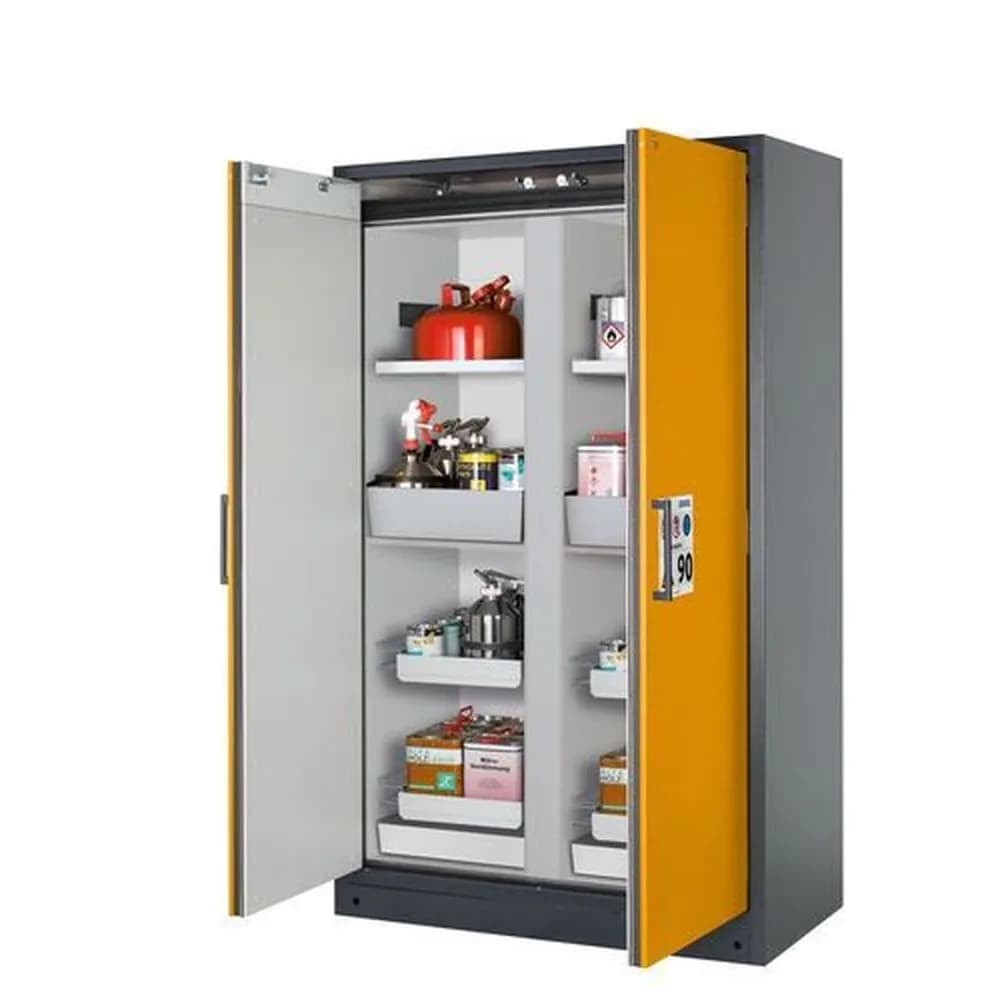 asecos® - asecos Feuerbeständiger Gefahrstoffschrank Select, Mittelwand, mit Einlegeböden, Auszugswannen, gelb