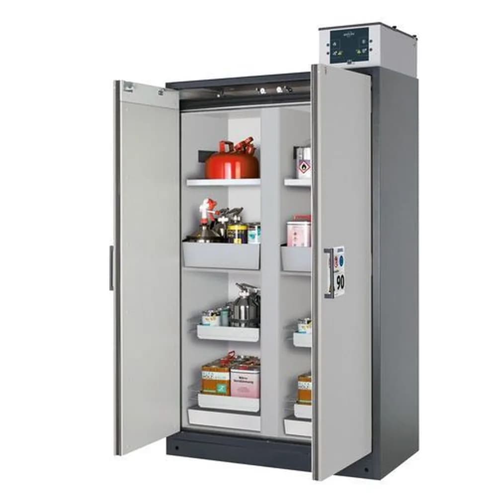 asecos® - asecos Feuerbeständiger Gefahrstoffschrank Select, Mittelwand, mit Einlegeböden, Auszugswannen, grau