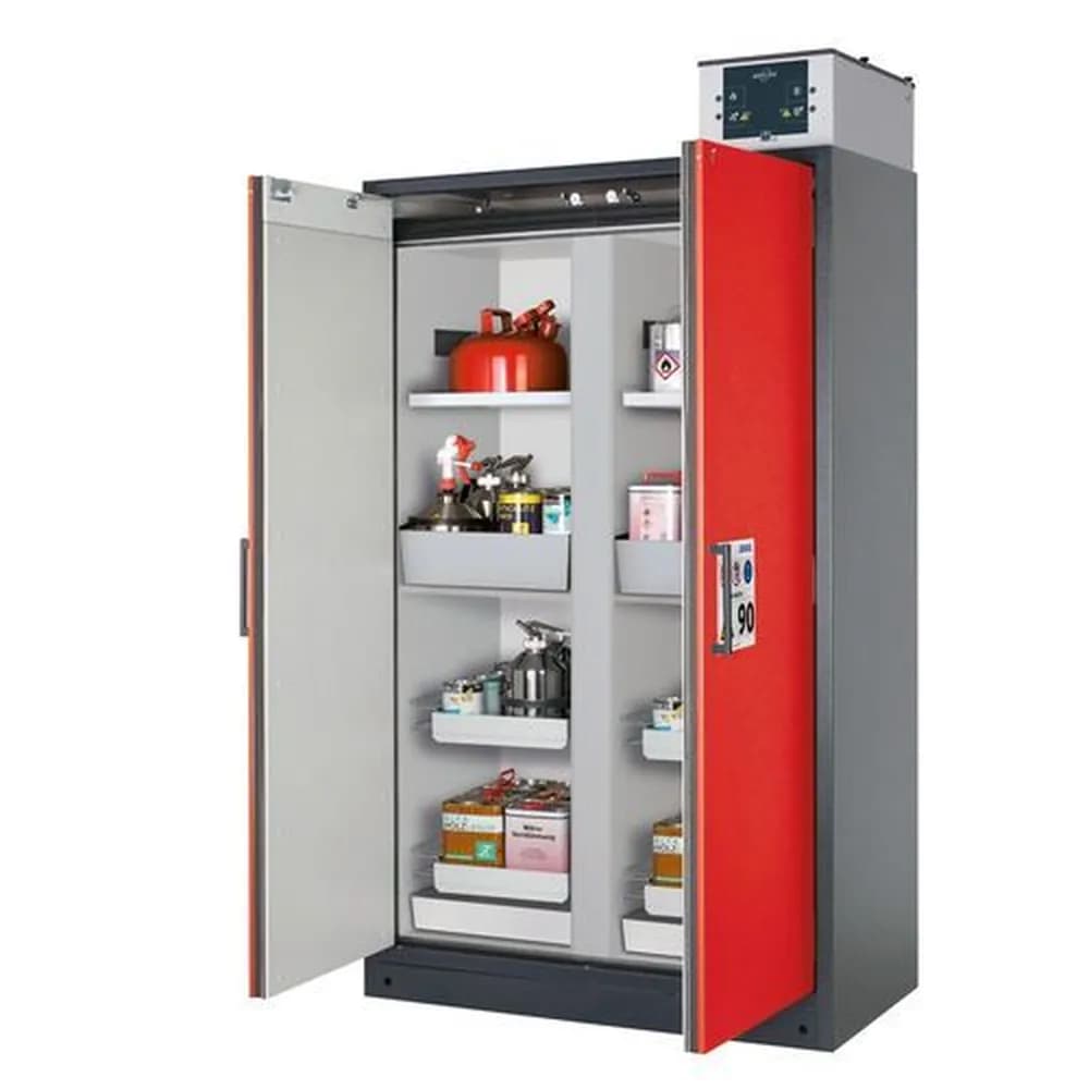 asecos® - asecos Feuerbeständiger Gefahrstoffschrank Select, Mittelwand, mit Einlegeböden, Auszugswannen, rot