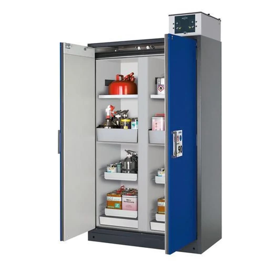 asecos® - asecos Feuerbeständiger Gefahrstoffschrank Select, Mittelwand, mit Einlegeböden, Auszugswannen, blau