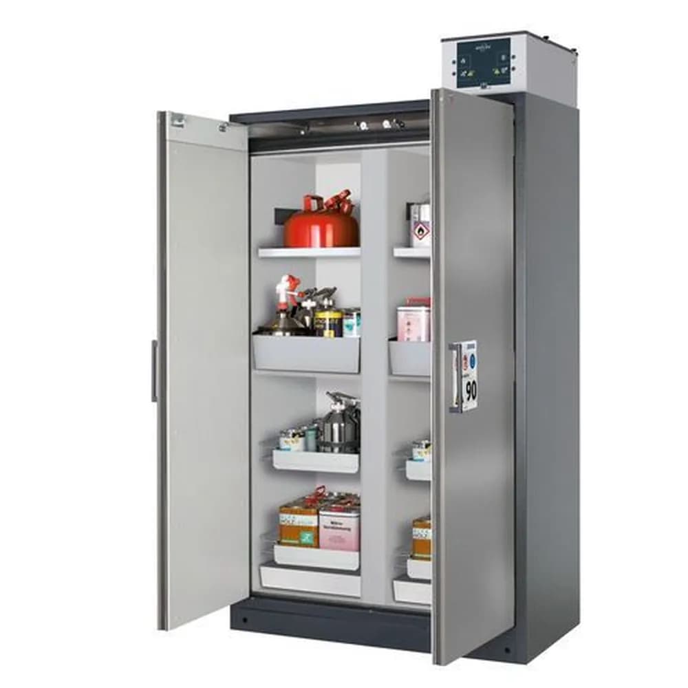 asecos® - asecos Feuerbeständiger Gefahrstoffschrank Select, Mittelwand, Einlegeböden, Auszugswannen, silber
