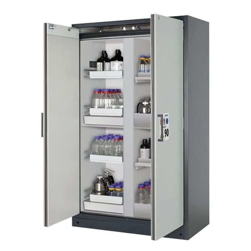 asecos® - asecos Feuerbeständiger Gefahrstoffschrank Select, Mittelwand, mit Auszugs- und Bodenwannen, grau