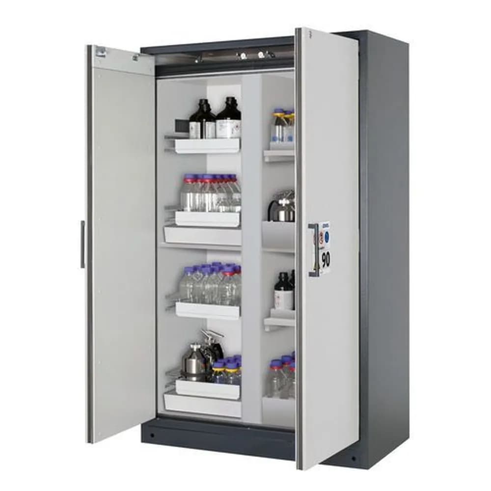 asecos® - asecos Feuerbeständiger Gefahrstoffschrank Select, Mittelwand, mit Auszugs- und Bodenwannen, weiß