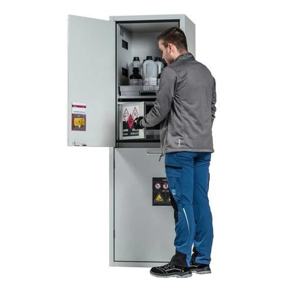 asecos® - Säuren- und Laugenschrank SL-Plus, 3 Tablarauszüge, 1 Flusssäurefach, Tür links