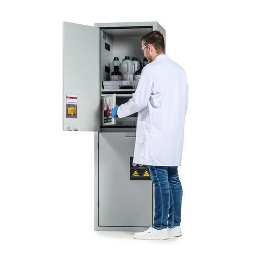 asecos® - Säuren- und Laugenschrank SL-Plus, 4 Tablarauszüge, 1 Flusssäurefach, Tür links