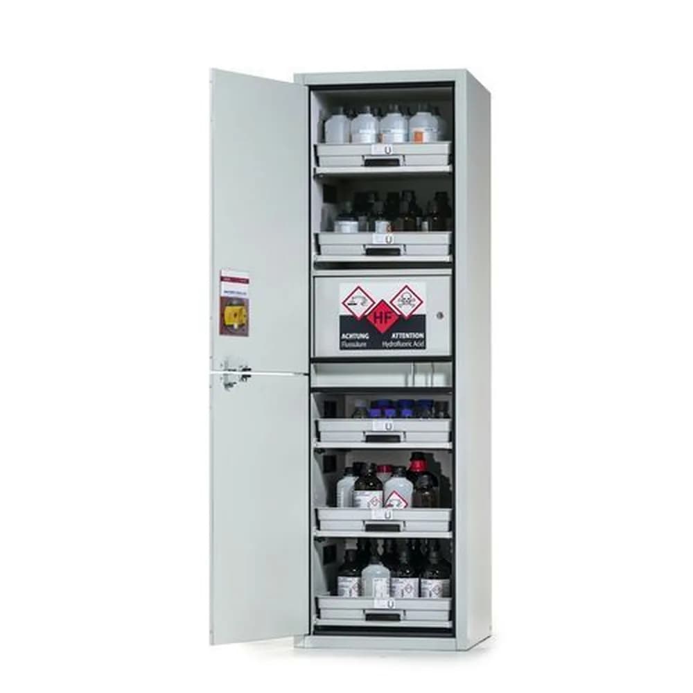 asecos® - Säuren- und Laugenschrank SL-Plus, 5 Tablarauszüge, 1 Flusssäurefach, Tür links