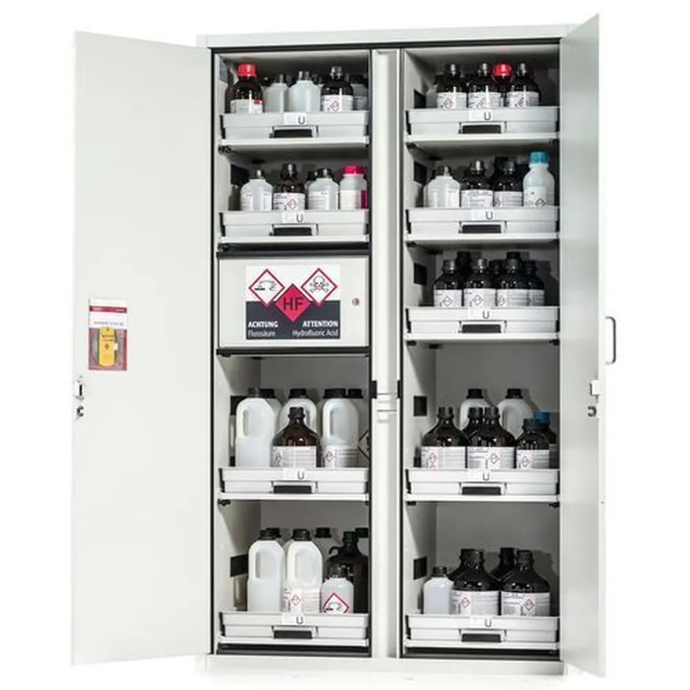 asecos® - Säuren- und Laugenschrank SL-Plus, mit 9 Tablarauszügen, 1 Flusssäurefach