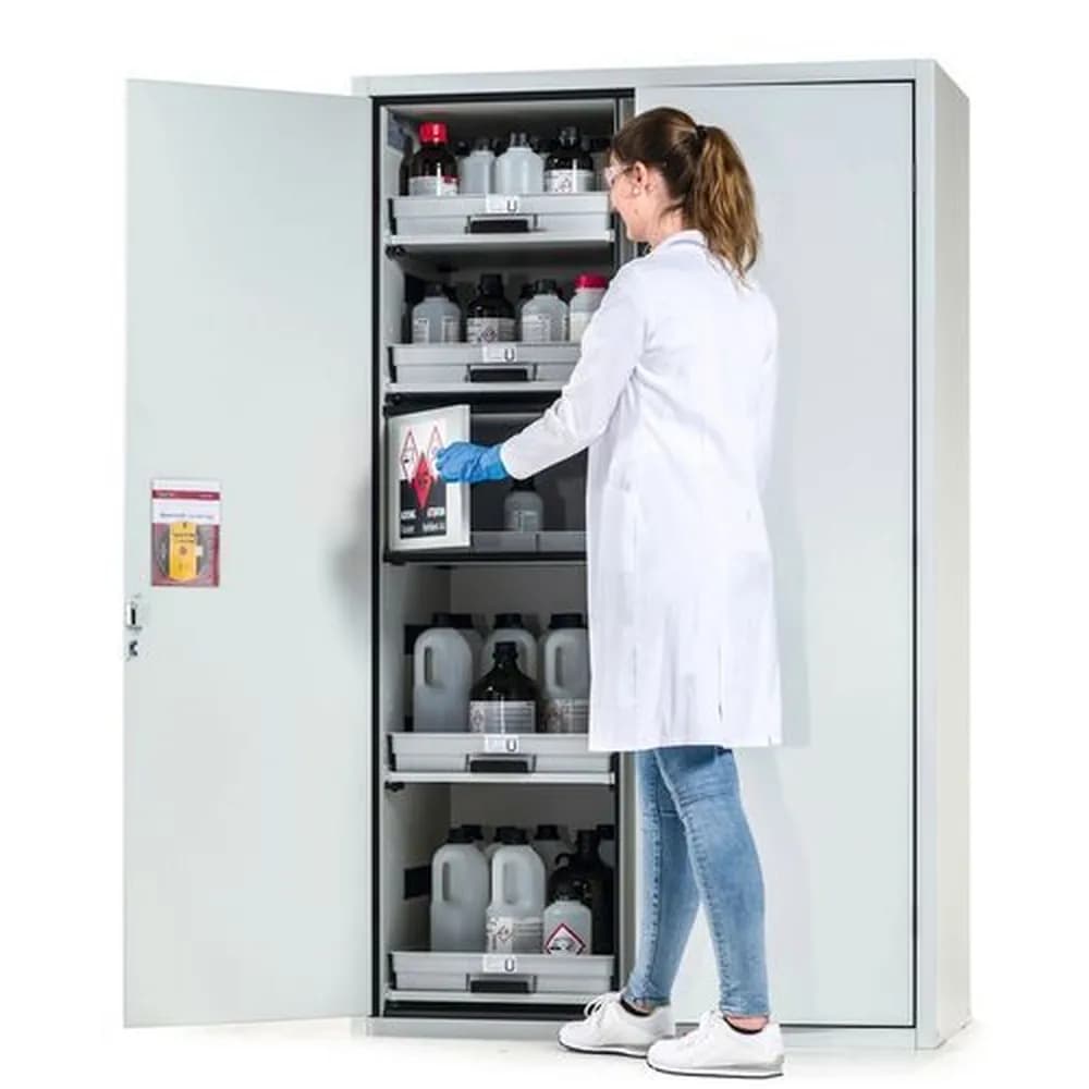 asecos® - Säuren- und Laugenschrank SL-Plus, mit 10 Tablarauszügen, 1 Flusssäurefach