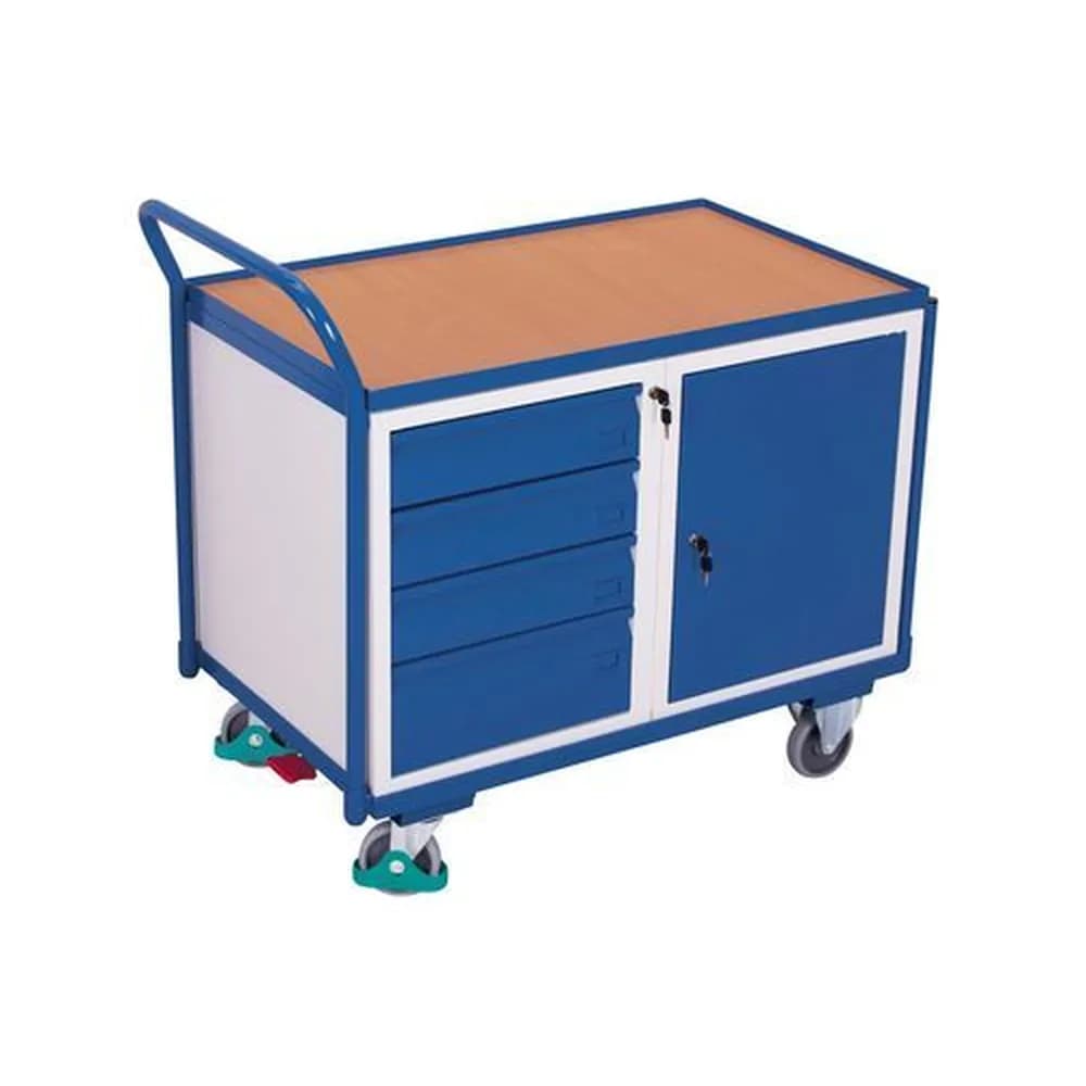 DENIOS classic-line - Werkstattwagen mit 1 Ladefläche, Flügeltür und 4 Schubladen, 1125 x 625 x 1010 mm