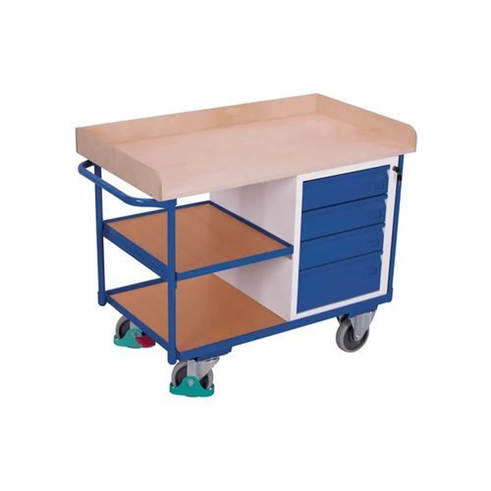 DENIOS classic-line - Werkstattwagen mit 3 Ladeflächen, Arbeitsplatte aus Buchensperrholz, 4 Schubladen