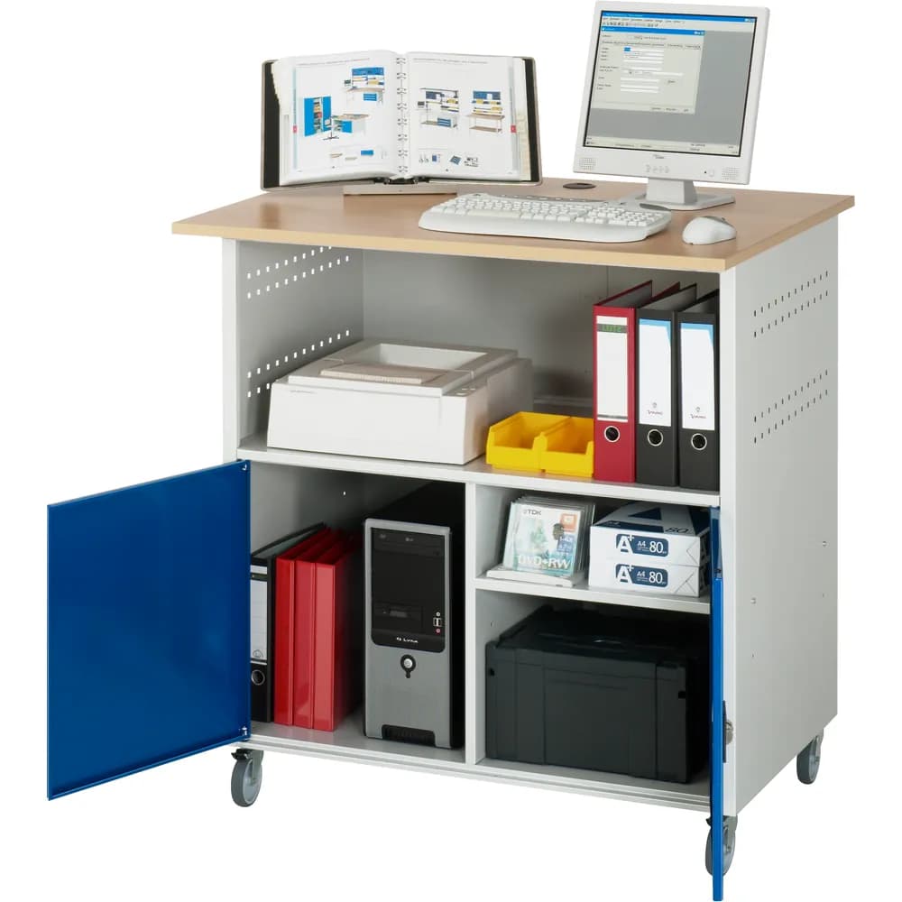 RAU. - Computer-Tisch Modell 1023, RAL 7035 / RAL 5010, fahrbar, 1100 x 800mm