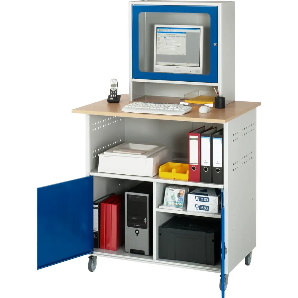 RAU. - Computer-Tisch Modell 1023, RAL 7035/5010, fahrbar, 1100 x 800mm, Monitorgehäuse