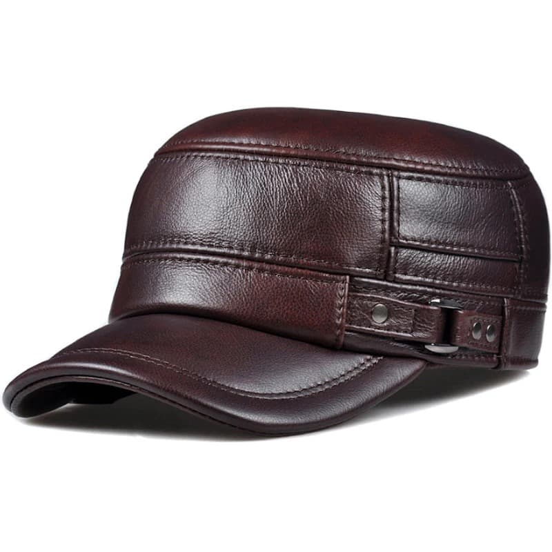 Casquette Style Militaire en Cuir (Couleur: Marron, Taille: 59-60cm)