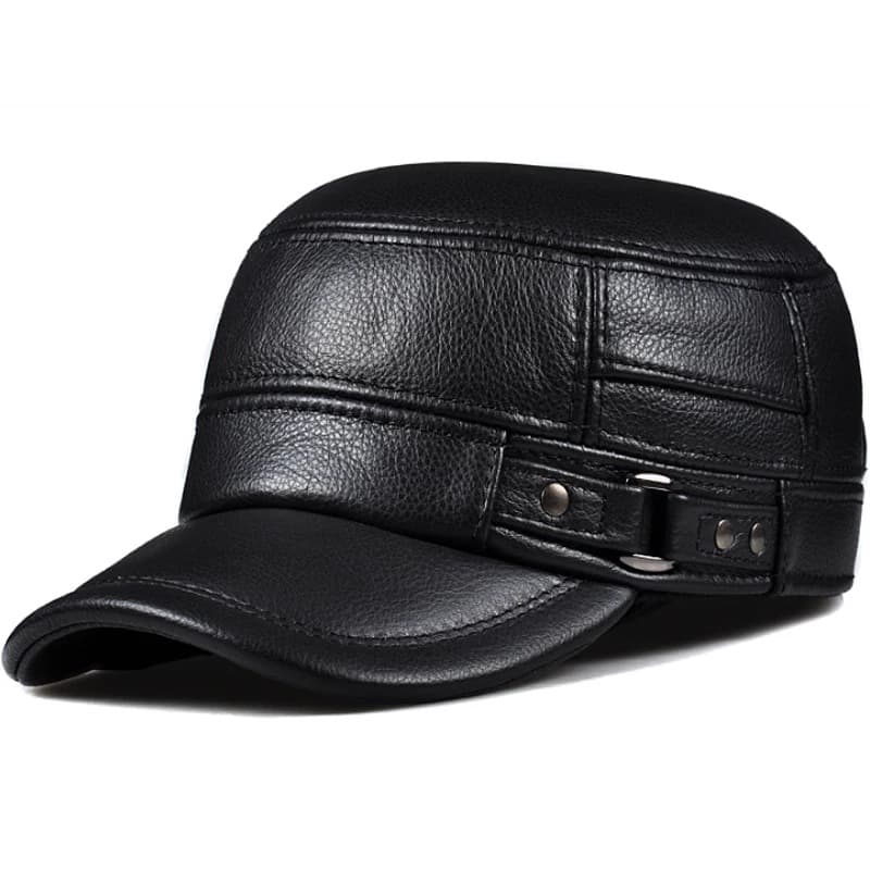 Casquette Style Militaire en Cuir (Couleur: Noir, Taille: 57-58cm)
