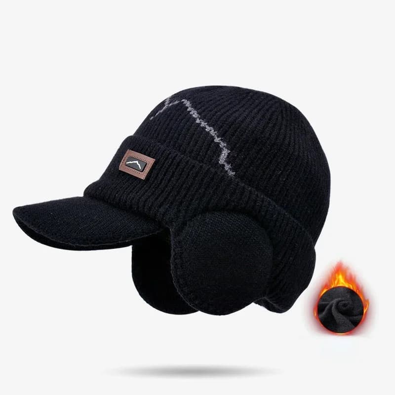 Casquette Bonnet Cache Oreille en Laine (Modèle: Noir)